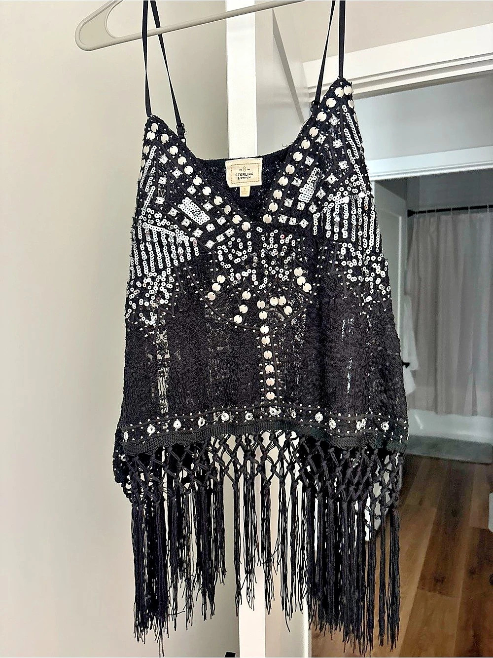 Sterling & Stitch Sequin Fringe Camisole in Black & Silver Small Like New